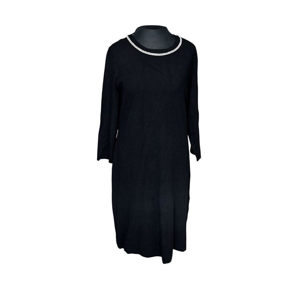 RSVP By Talbots Black Dress Size L With Rhinestone Trim Neckline 3/4 Sleeves New